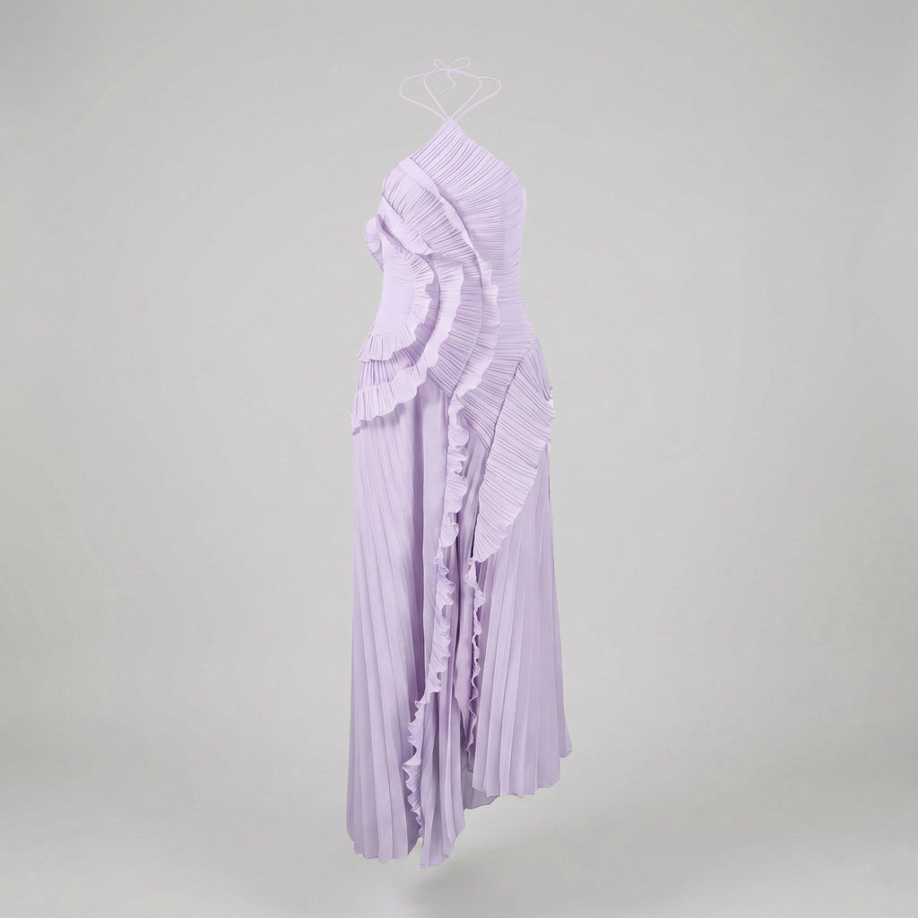 Lavender one-shoulder dress with ruffled details on a white background