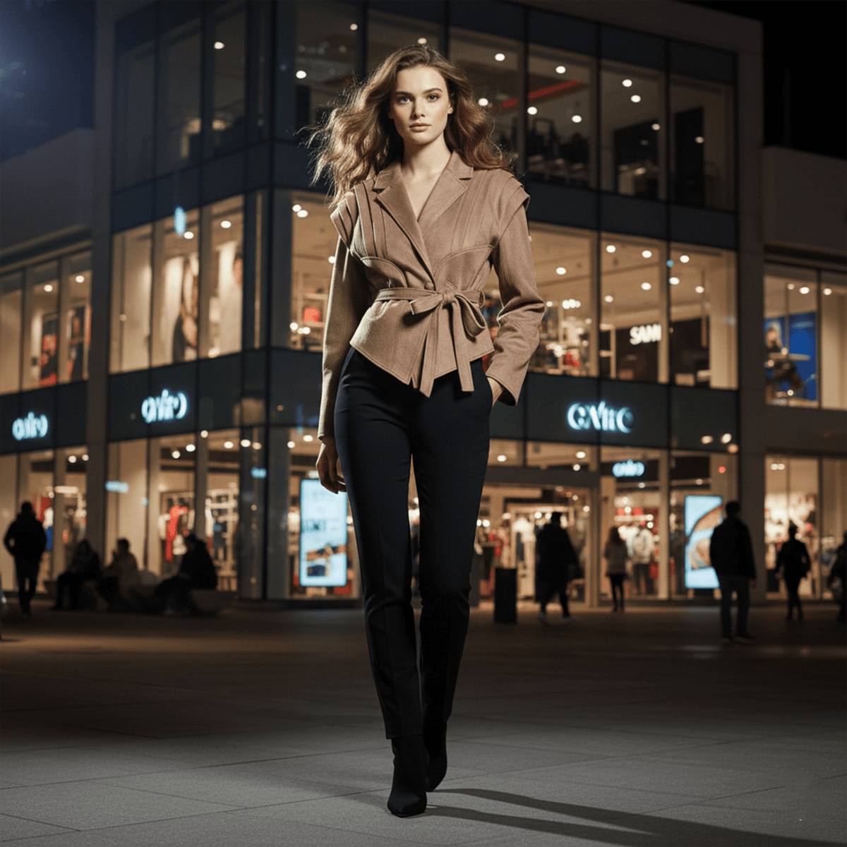 Woman in a beige coat walking on a city street at night.