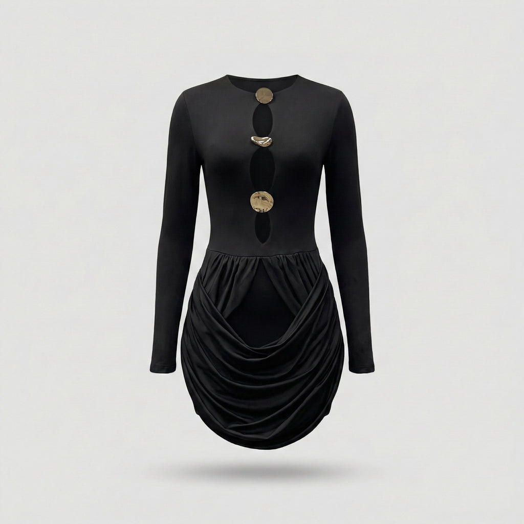 Black dress with gold buttons on a light gray background