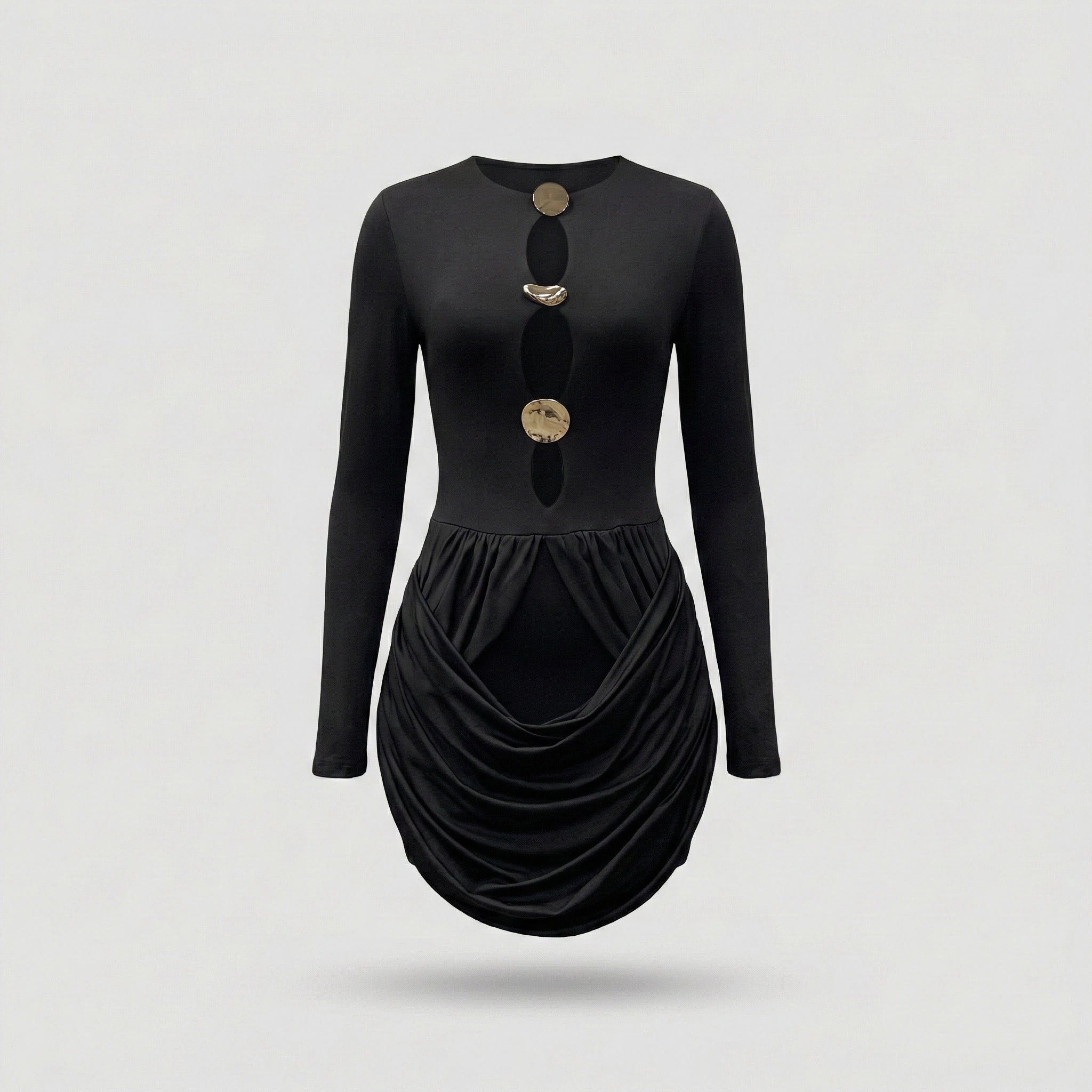 Black dress with gold buttons on a light gray background