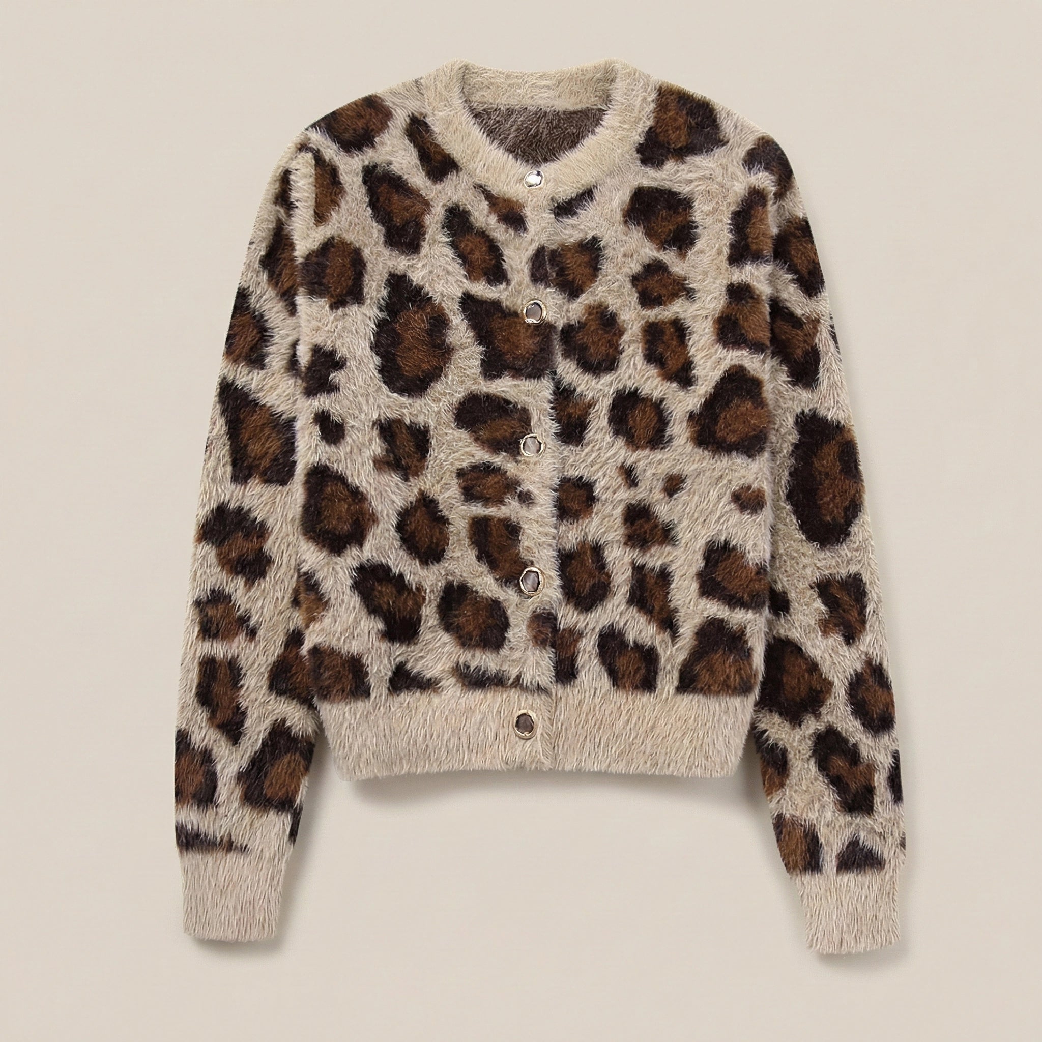 Leopard print cardigan on a beige background