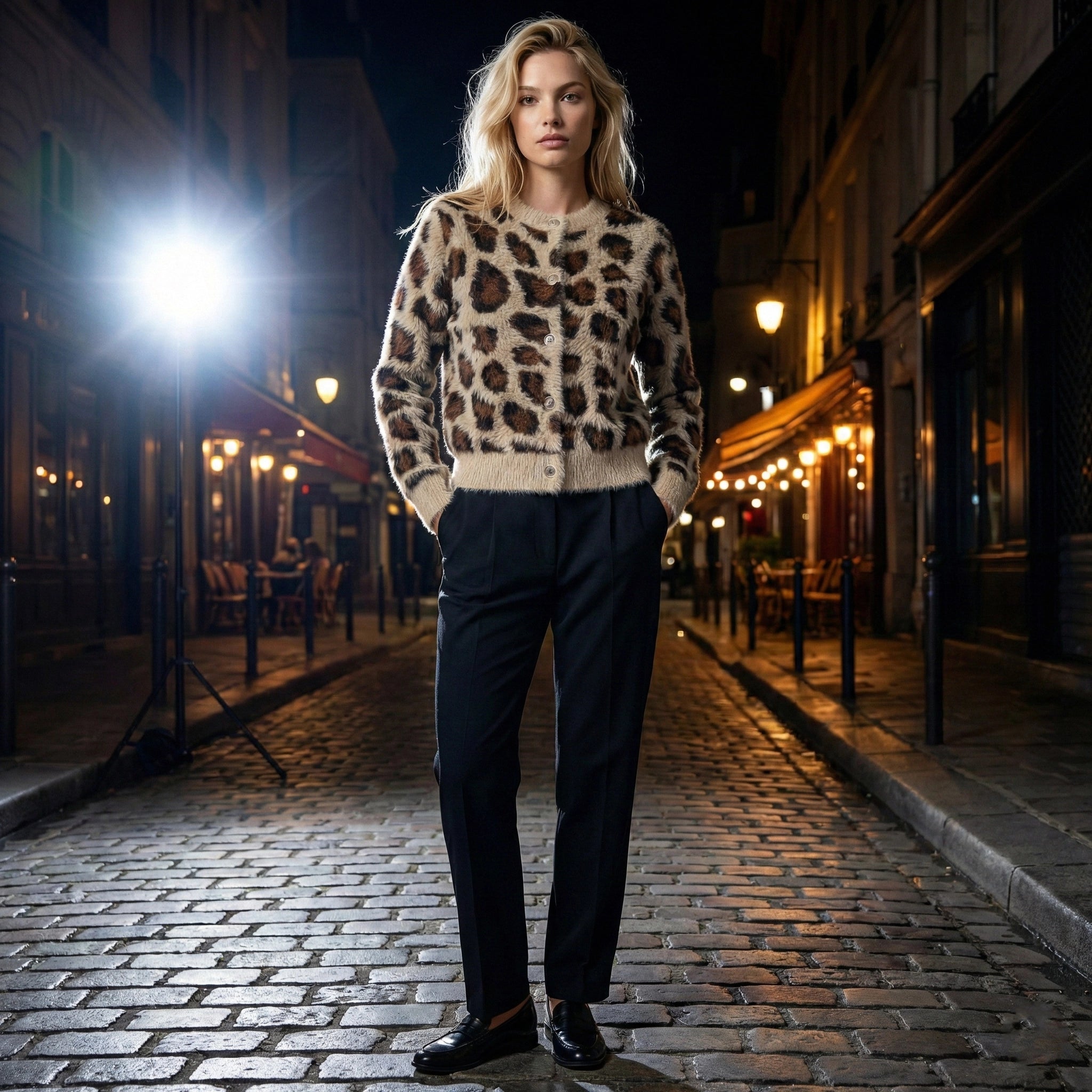 Woman wearing a leopard print sweater on a city street at night.