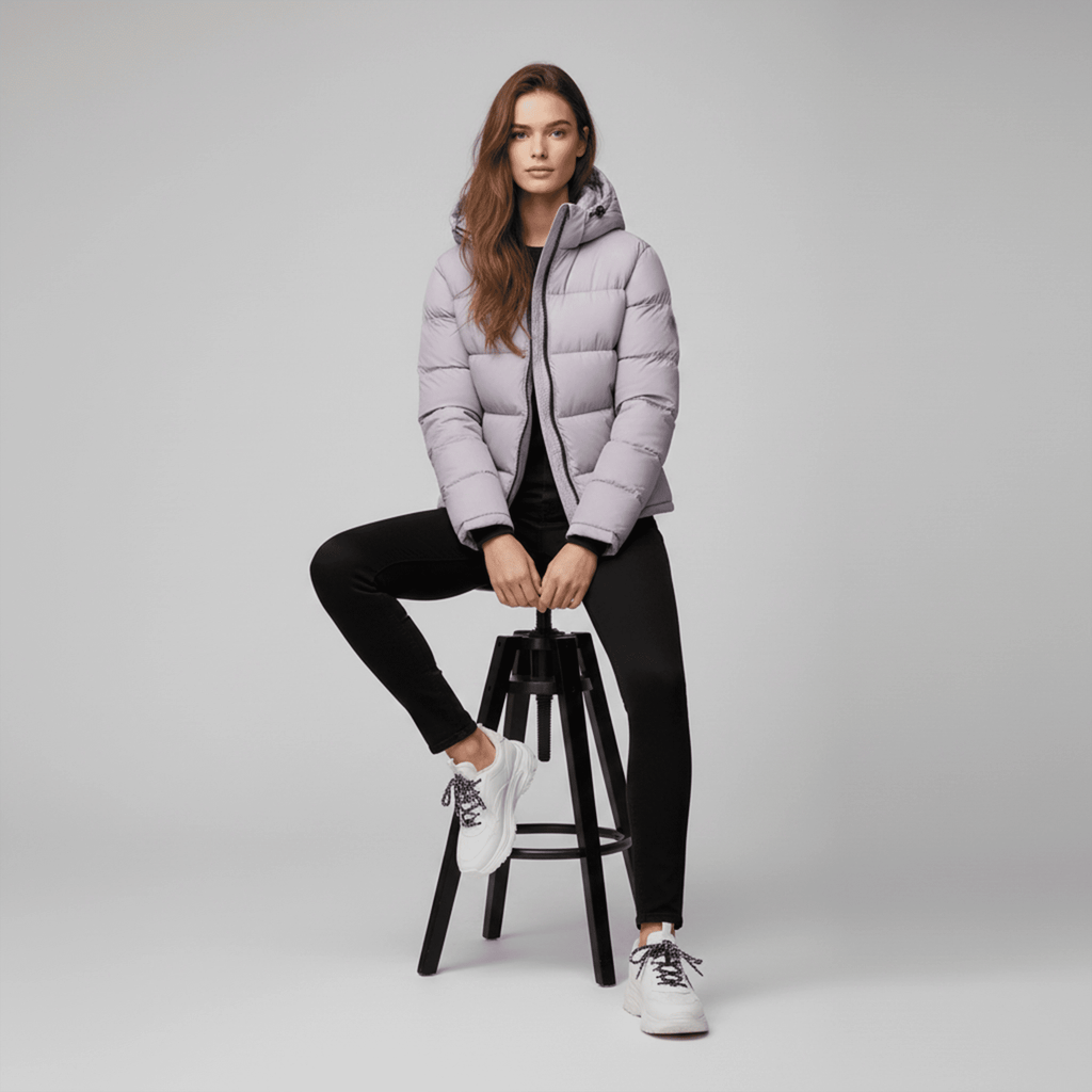 Woman wearing a light purple puffer jacket sitting on a black stool against a gray background