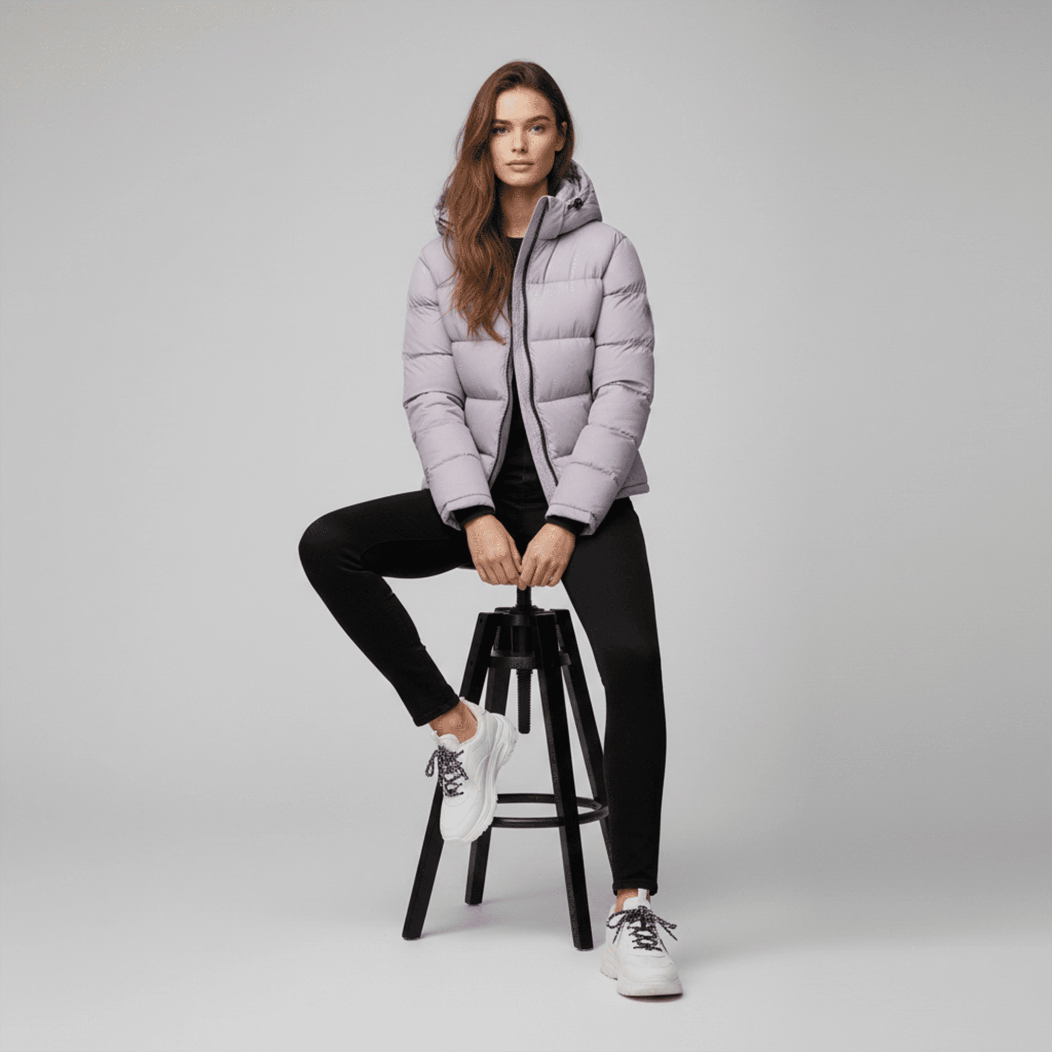 Woman wearing a light purple puffer jacket sitting on a black stool against a gray background