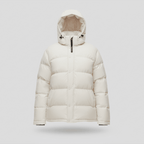 White puffer jacket with a hood on a light gray background