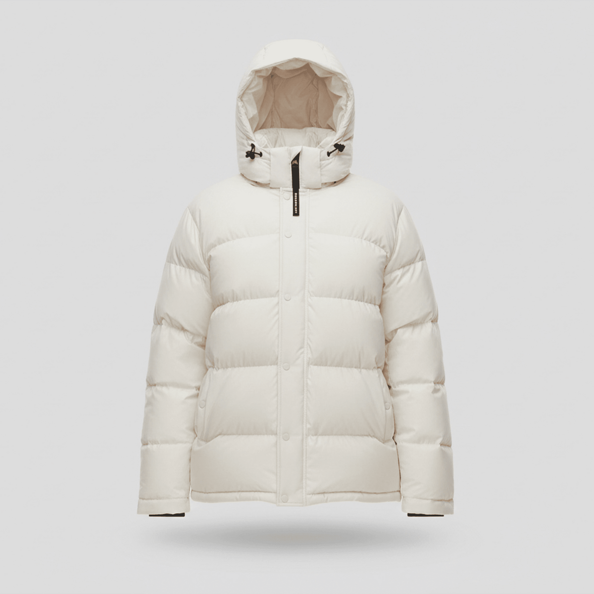 White puffer jacket with a hood on a light gray background
