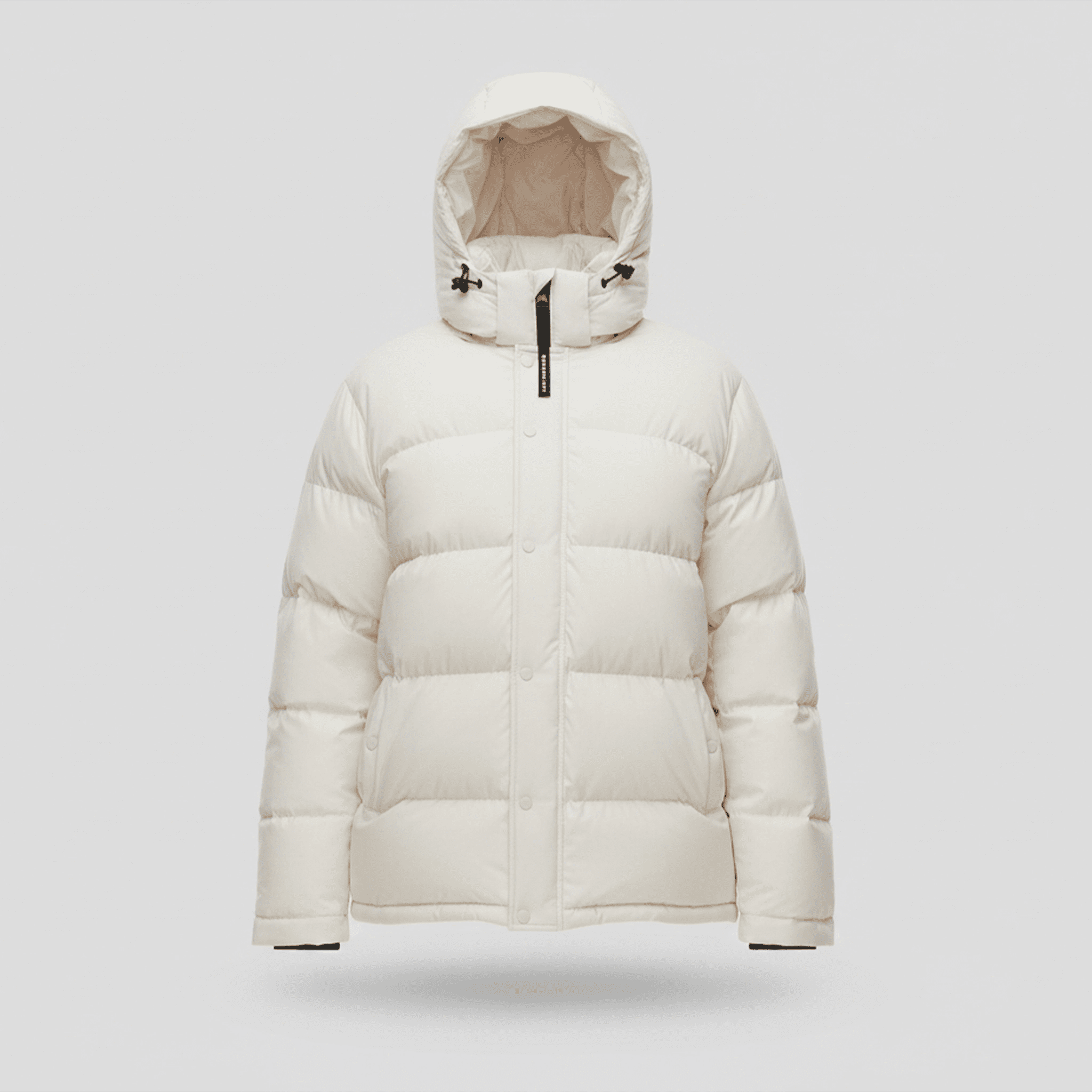 White puffer jacket with a hood on a light gray background
