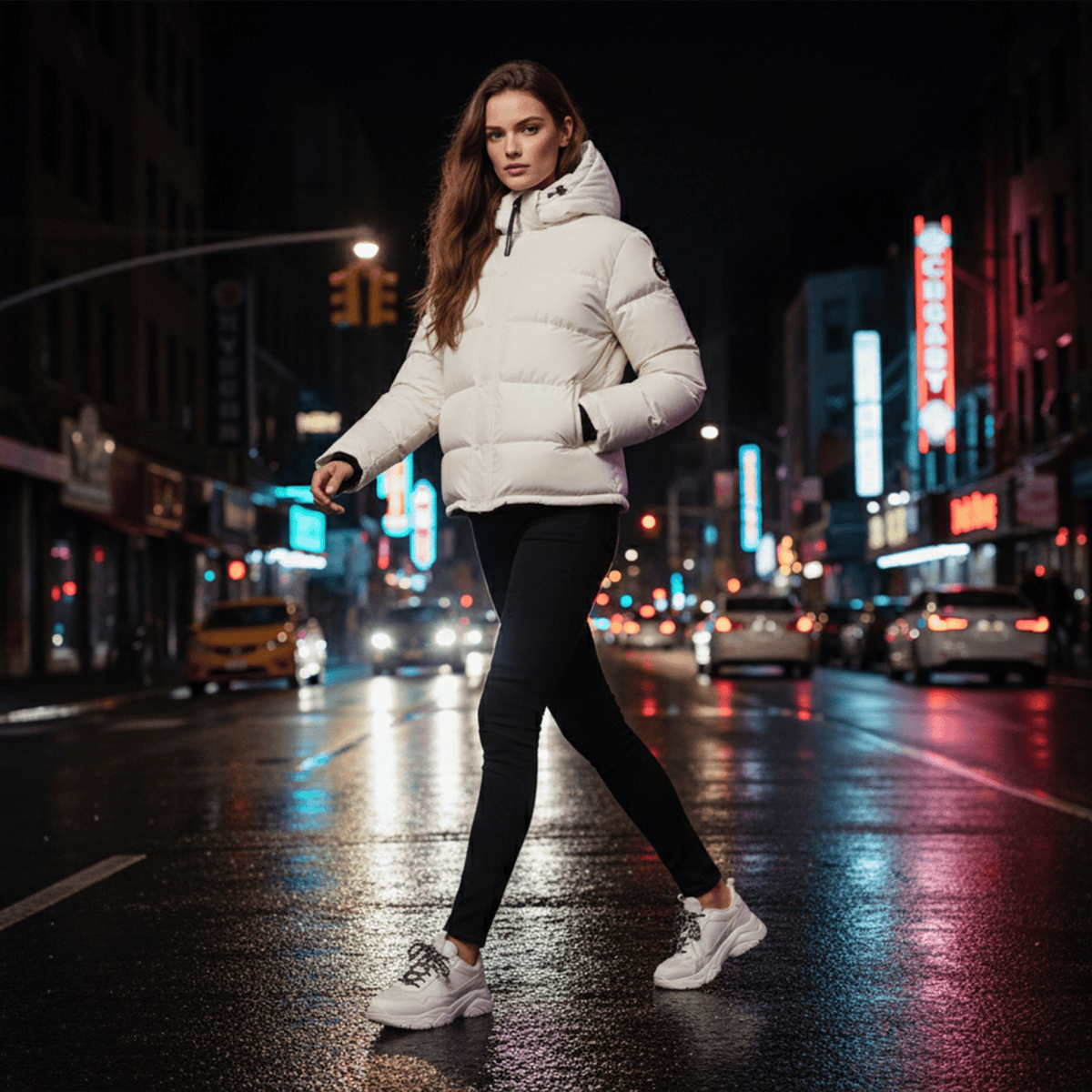 Woman in a white puffer jacket walking on a city street at night.