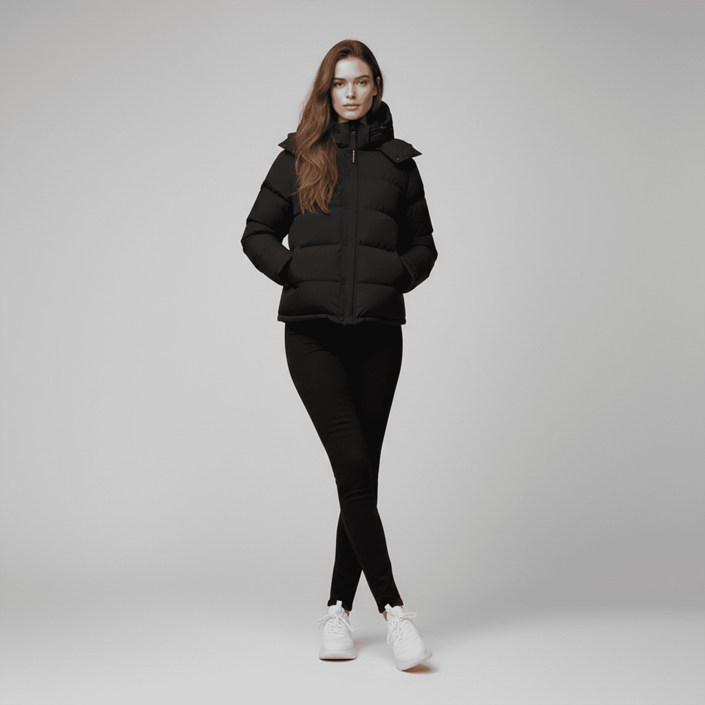 Woman wearing a black puffer jacket and leggings on a gray background