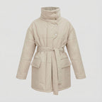 Beige puffer coat with a belt on a light gray background