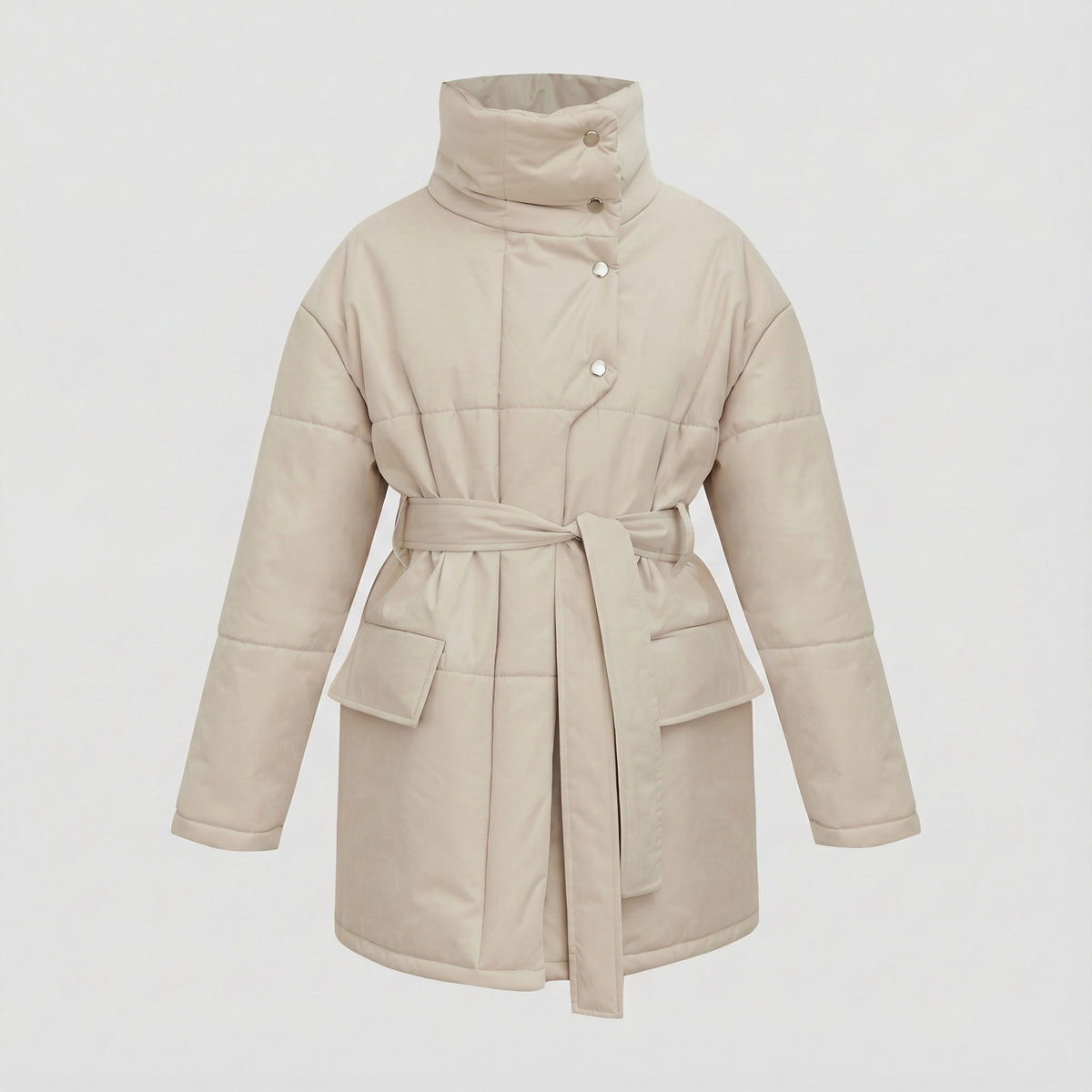 Beige puffer coat with a belt on a light gray background