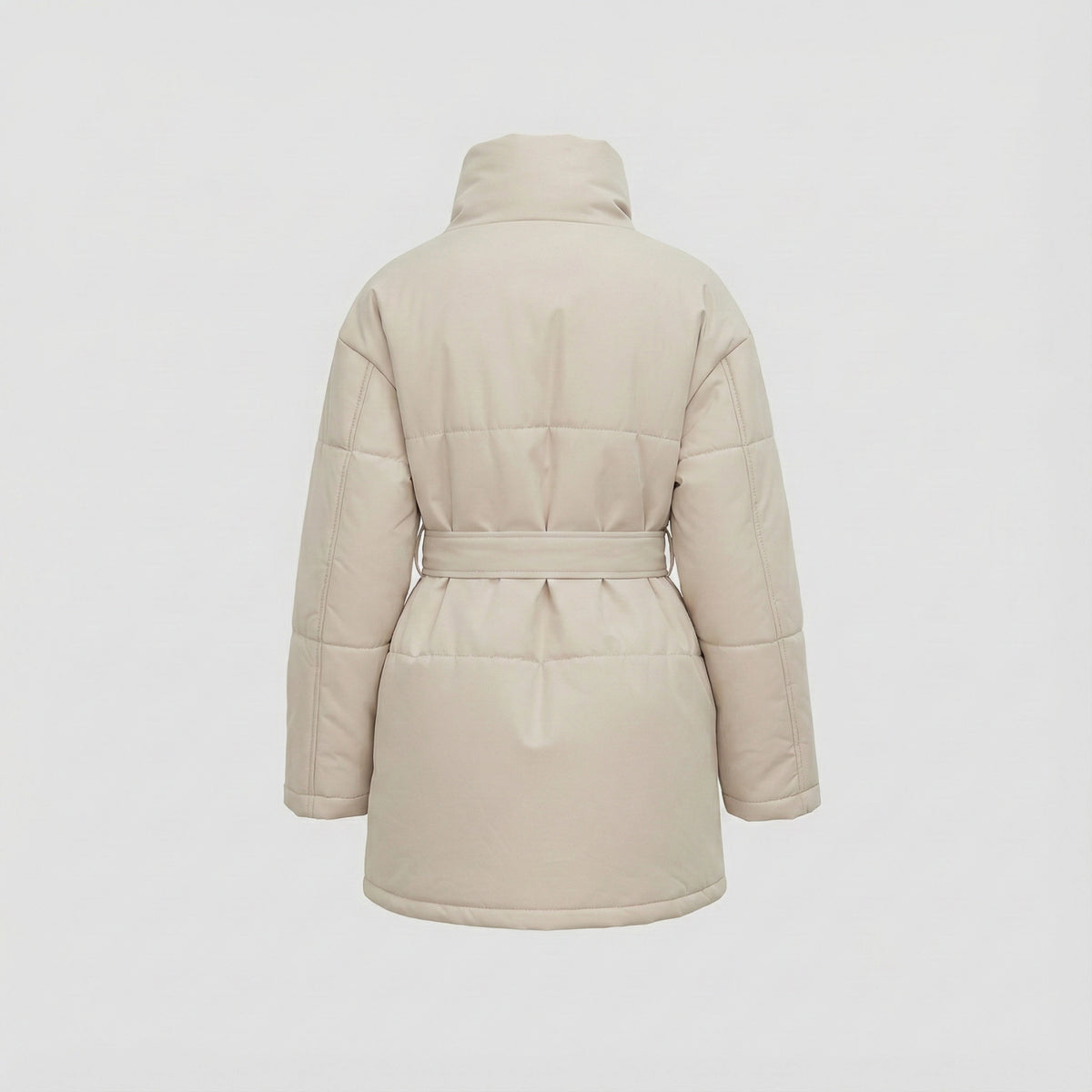Beige puffer coat on a light gray background