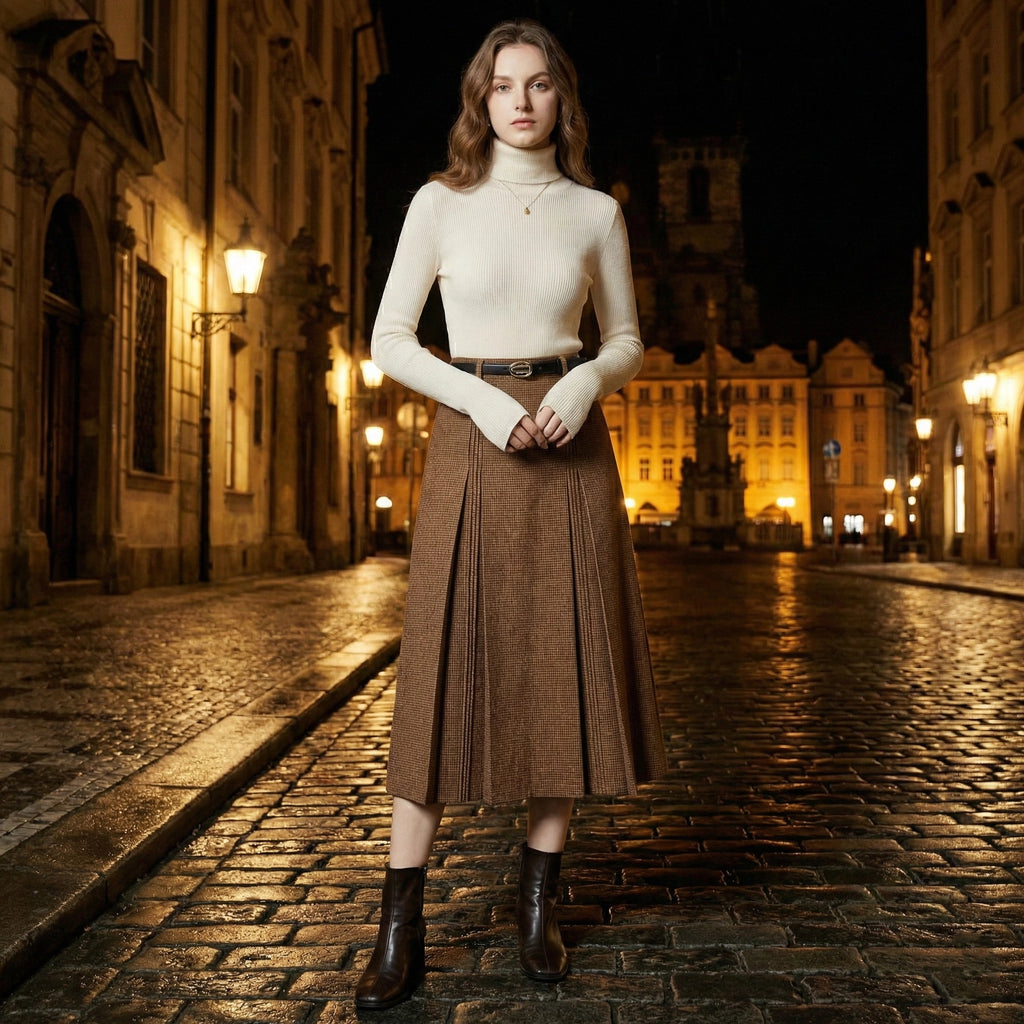 Woman standing on a cobblestone street at night in an urban setting