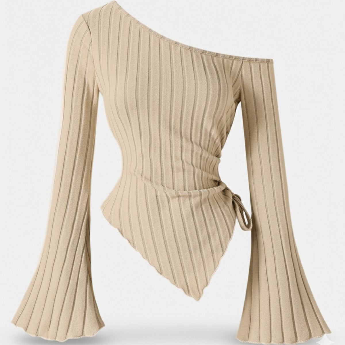 Beige ribbed long-sleeve top with flared sleeves on a light gray background