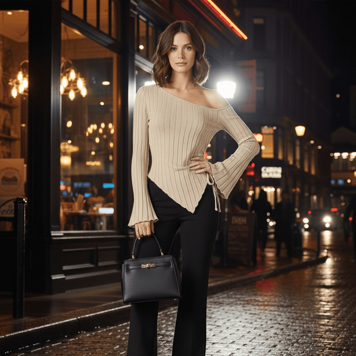 Woman in a stylish outfit standing on a city street at night.