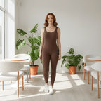 Woman in a brown jumpsuit standing in a modern room with plants and chairs.