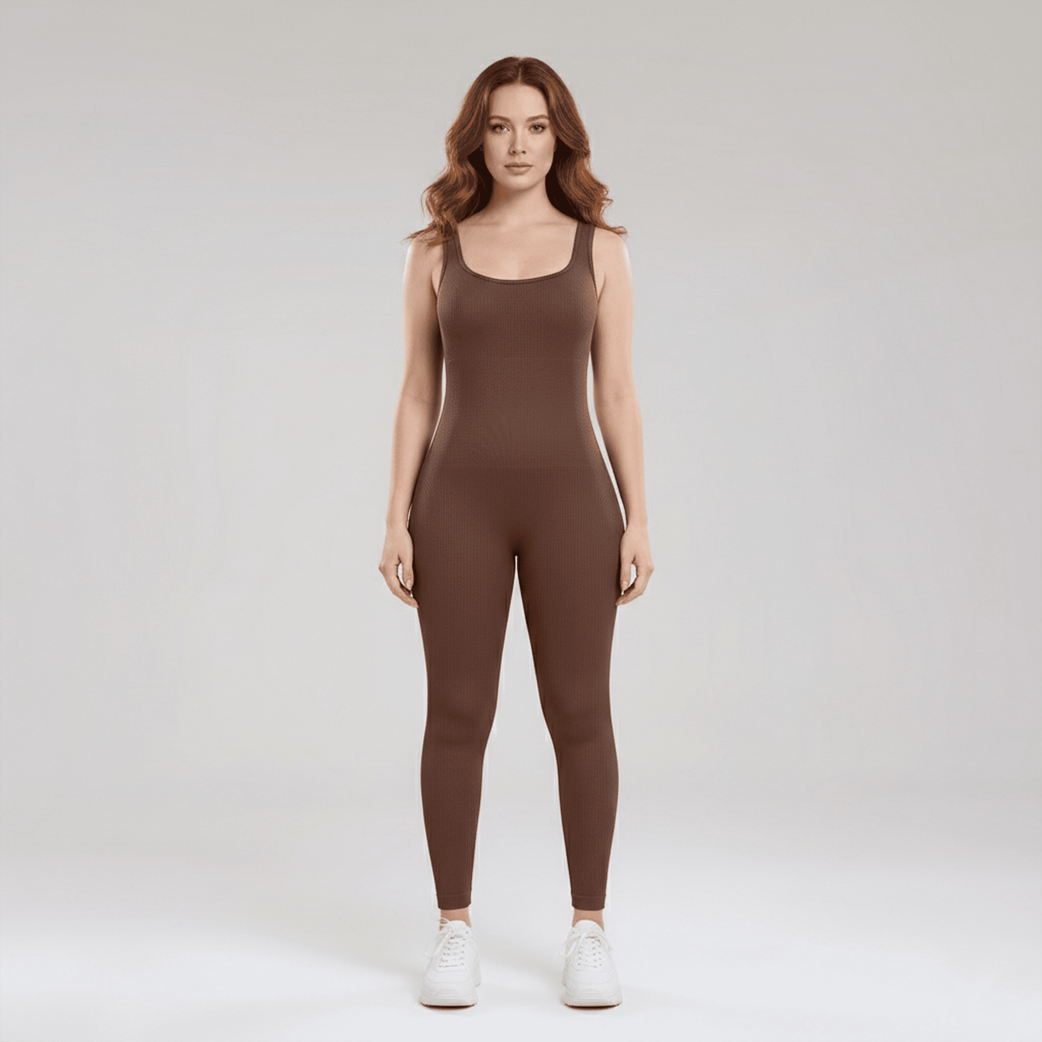 Woman wearing a brown jumpsuit on a white background