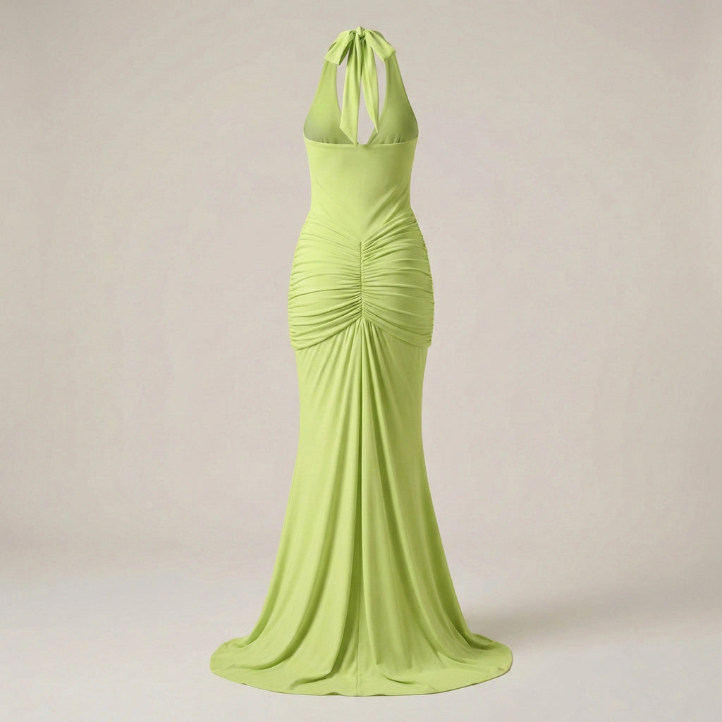 Lime green evening gown on a neutral background