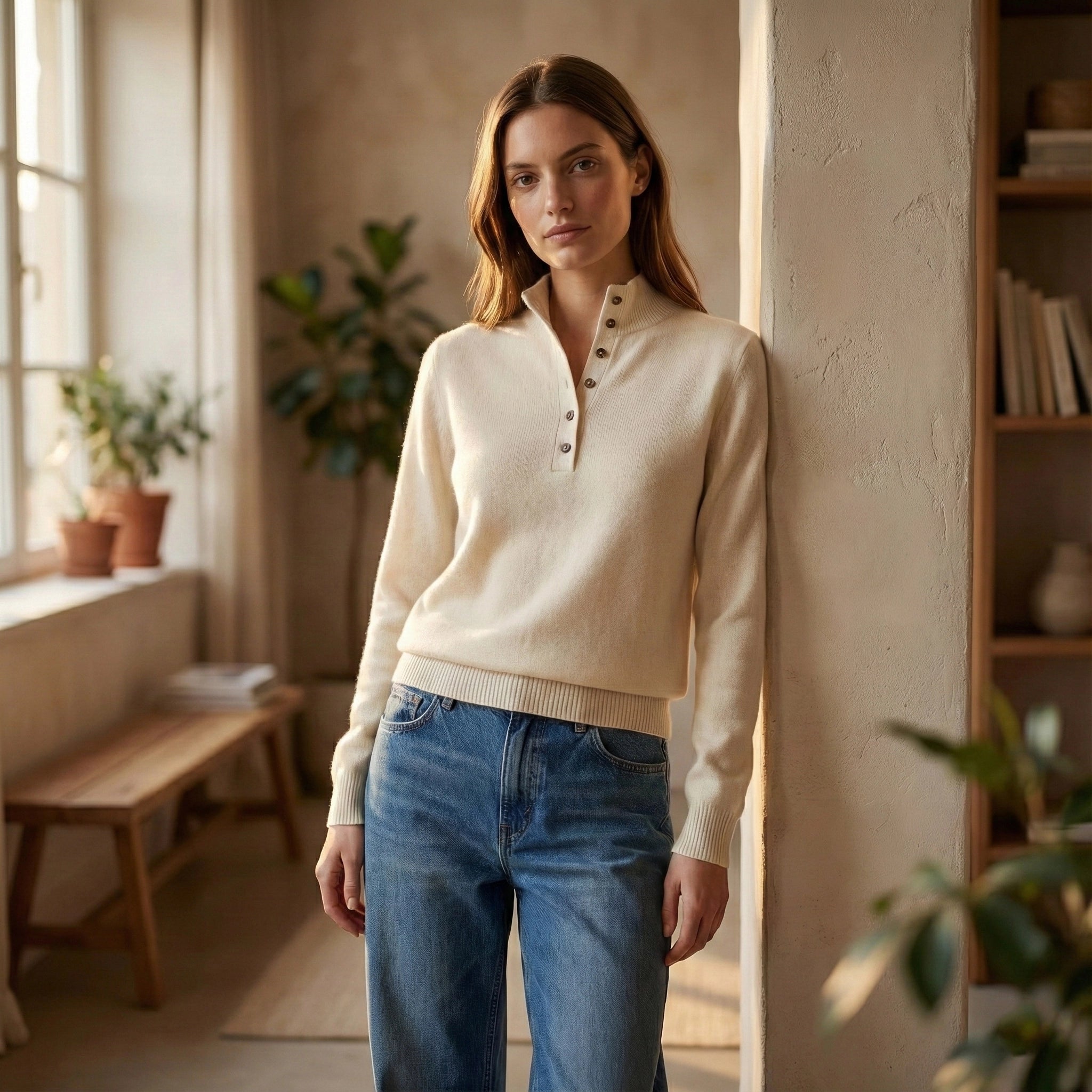 Woman wearing a cream sweater and blue jeans standing in a cozy room with plants and a bookshelf.