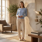 Woman standing in a stylish living room wearing a light blue sweater and beige pants.