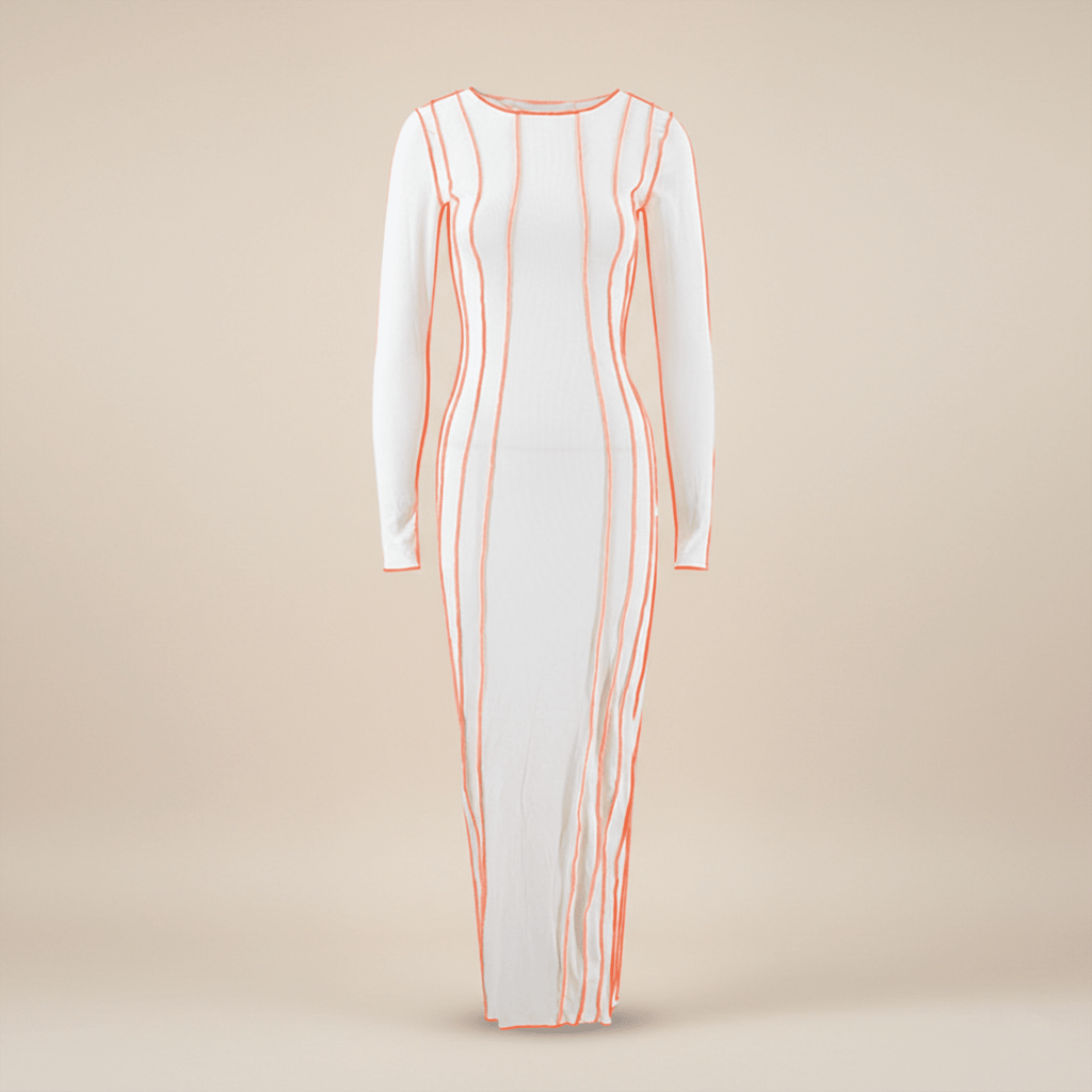 White dress with orange stripes on a beige background