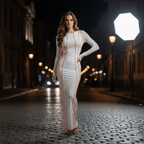 Woman in a white dress with red accents standing on a city street at night.