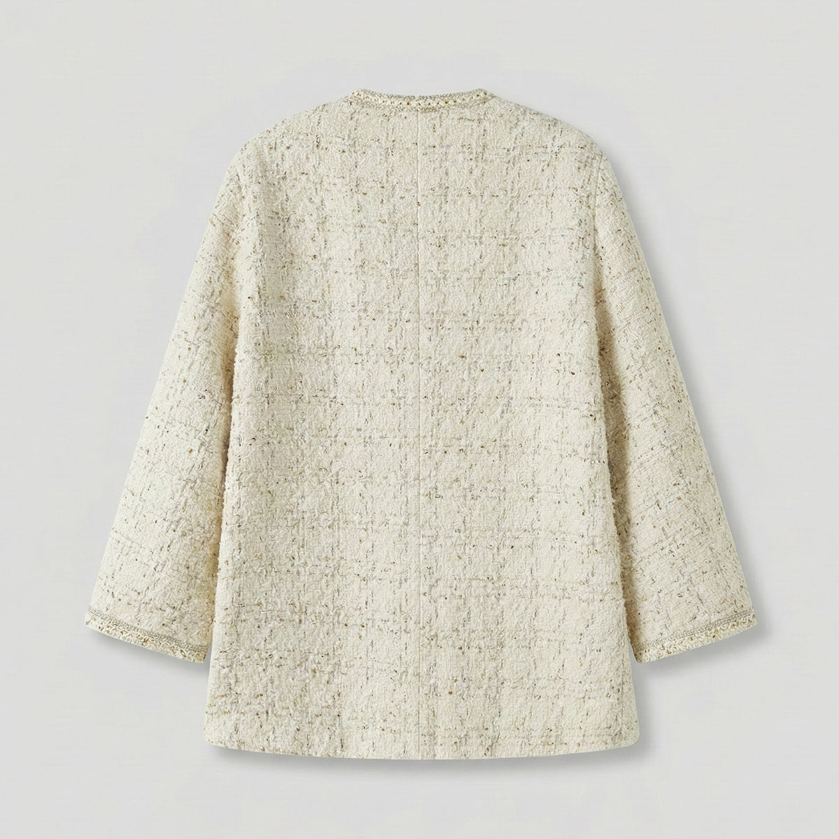 Back view of a textured beige jacket on a light gray background