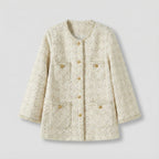 Beige textured coat with gold buttons on a light gray background