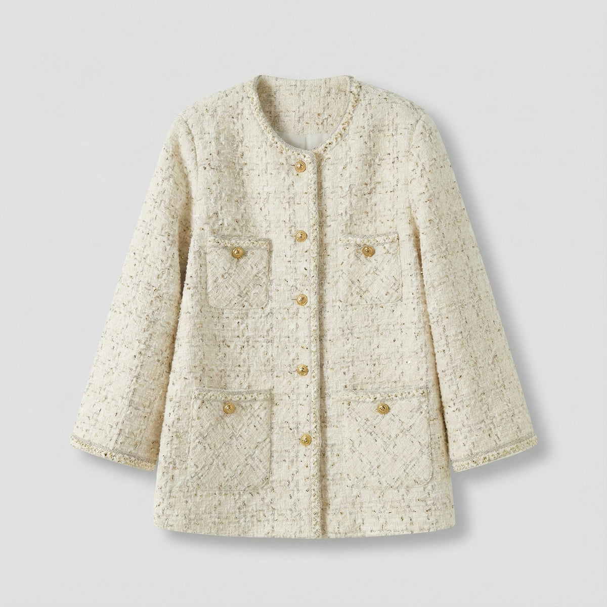 Beige textured coat with gold buttons on a light gray background