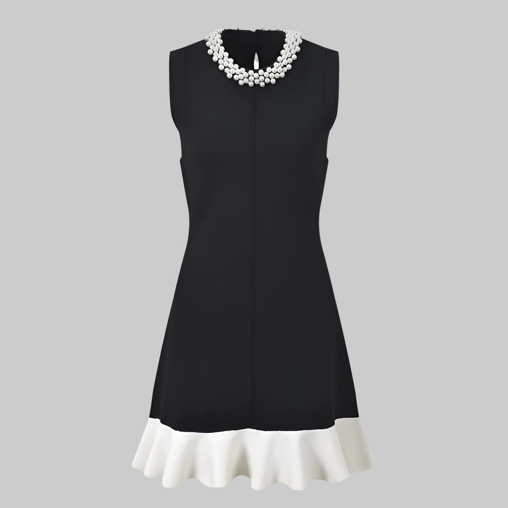 Black dress with white trim on a white background
