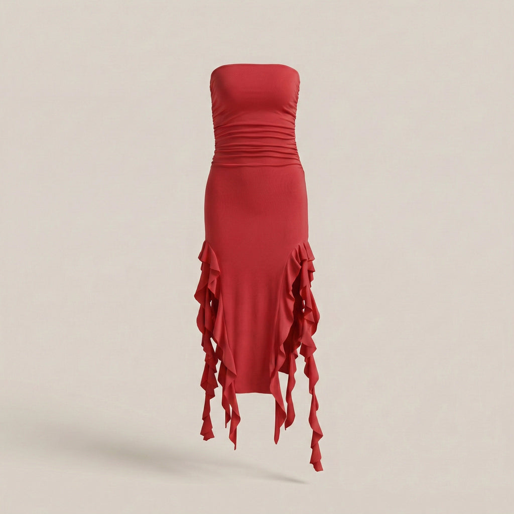 Red strapless dress with ruffled details on a beige background