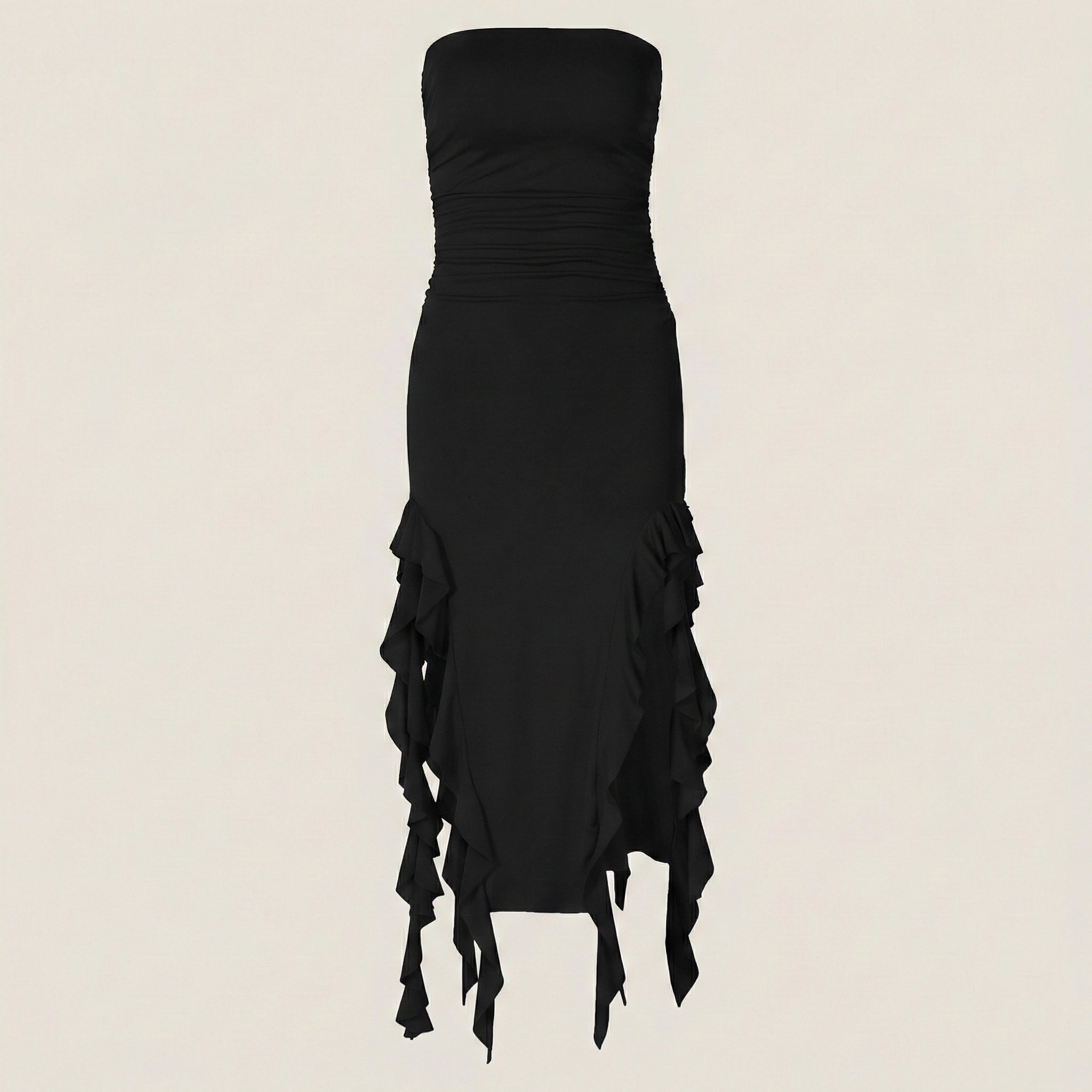 Black strapless dress with ruffled details on a beige background