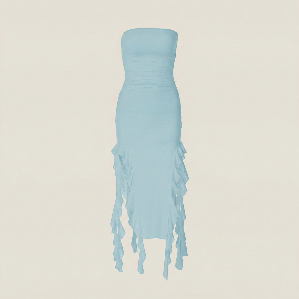 Light blue strapless dress with fringe details on a beige background