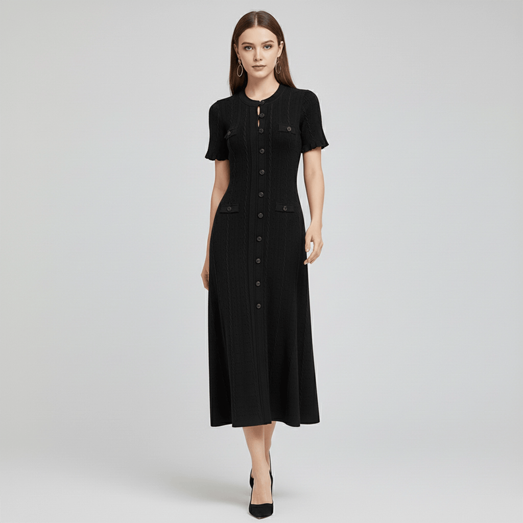 Woman wearing a black dress on a gray background