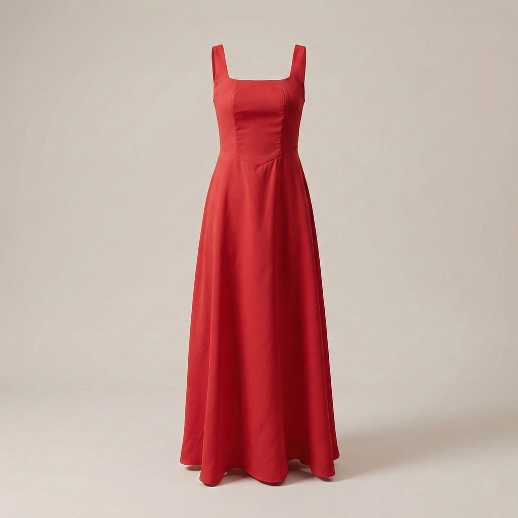 Red evening gown on a beige background