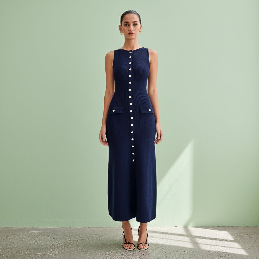 Woman wearing a navy blue dress with buttons on a gray background