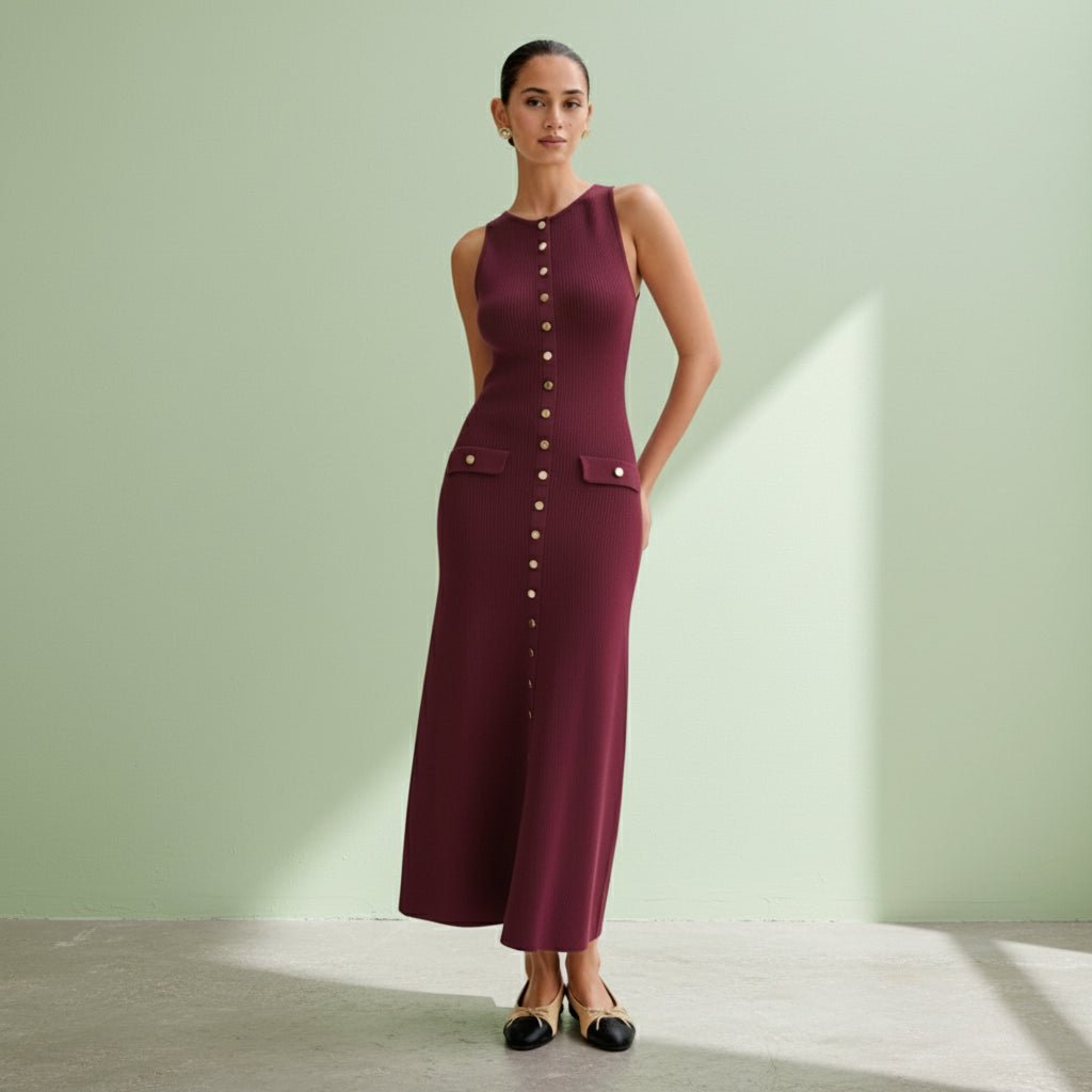 Woman wearing a burgundy dress with button details on a gray background