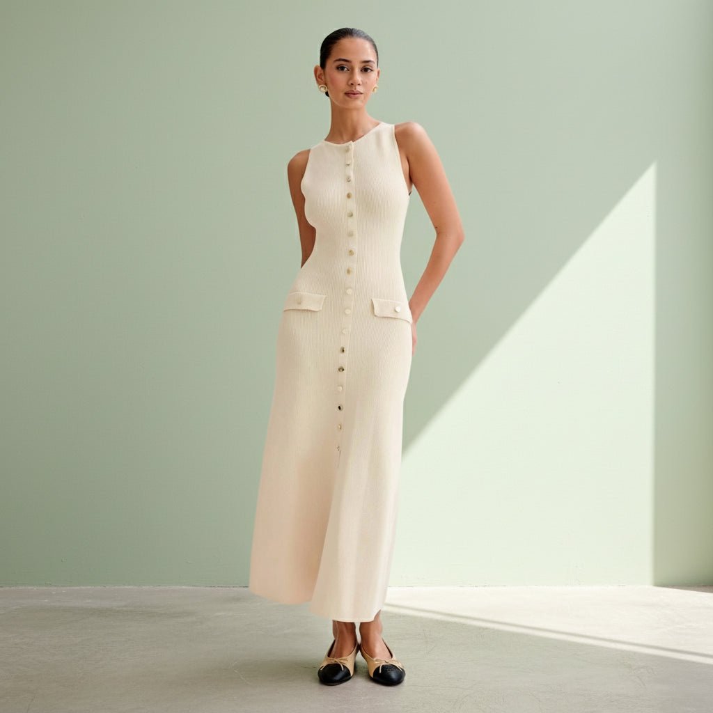 Woman wearing a beige sleeveless dress with buttons on a gray background