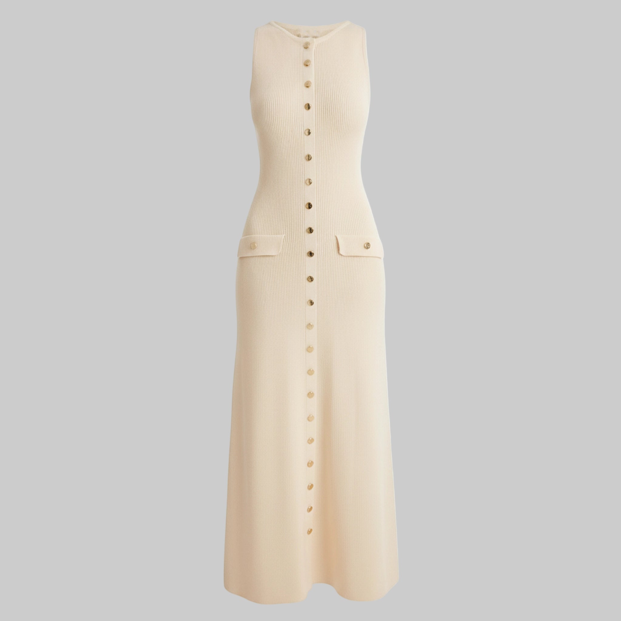 Beige sleeveless dress with button details on a white background