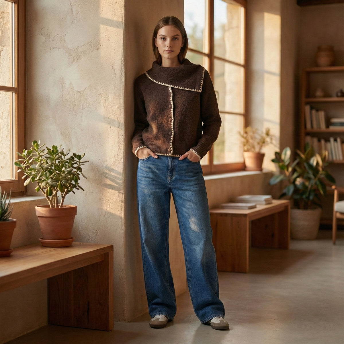 Woman in a brown sweater and blue jeans standing in a sunlit room with plants and furniture.