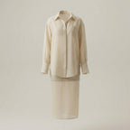 Beige shirt and skirt set on a light gray background