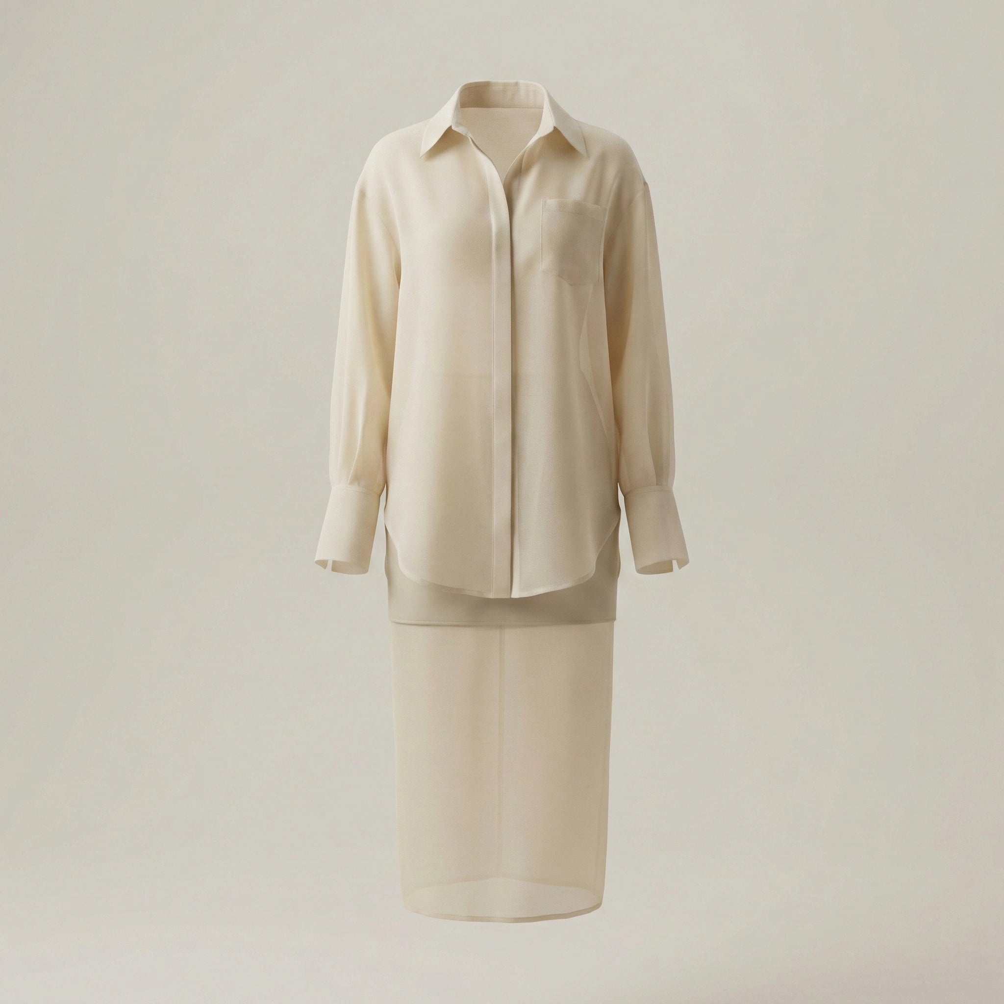 Beige shirt and skirt set on a light gray background