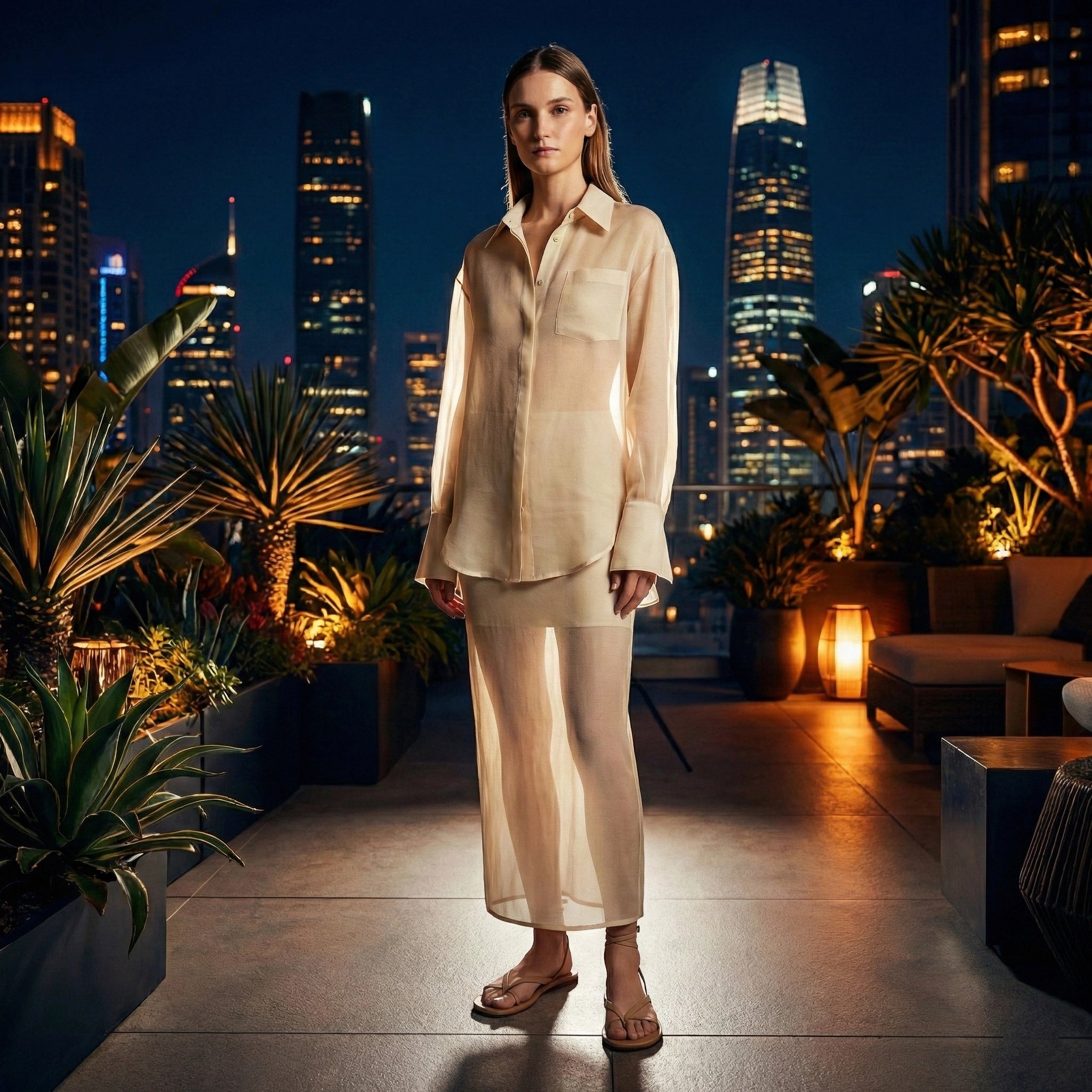 Woman in a beige outfit standing on a rooftop with city skyline at night