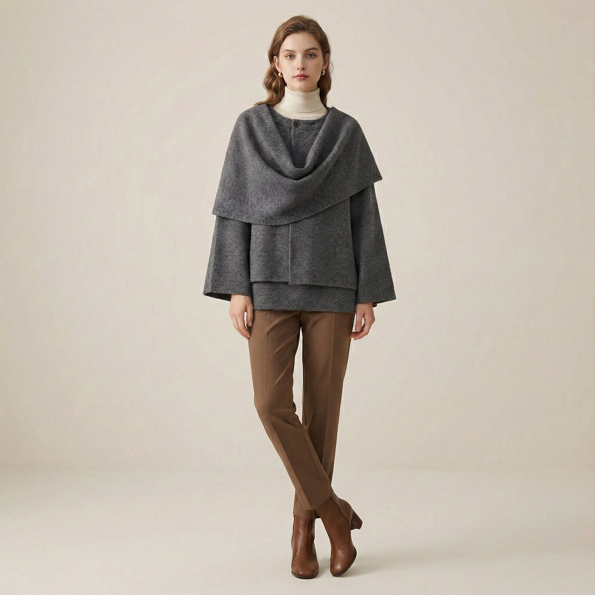 Woman wearing a gray layered outfit with brown pants and shoes on a beige background