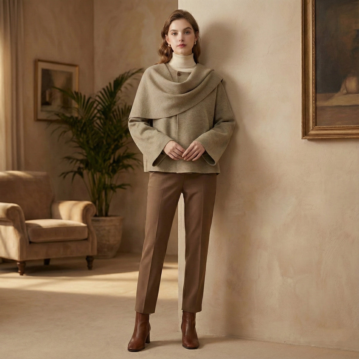 Woman in a beige outfit standing in a stylish room with decor elements.
