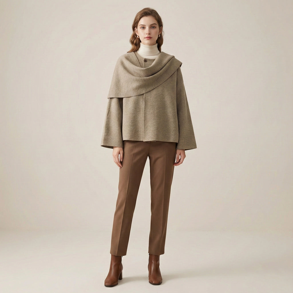 Woman wearing a beige cape over a white turtleneck and brown pants on a beige background