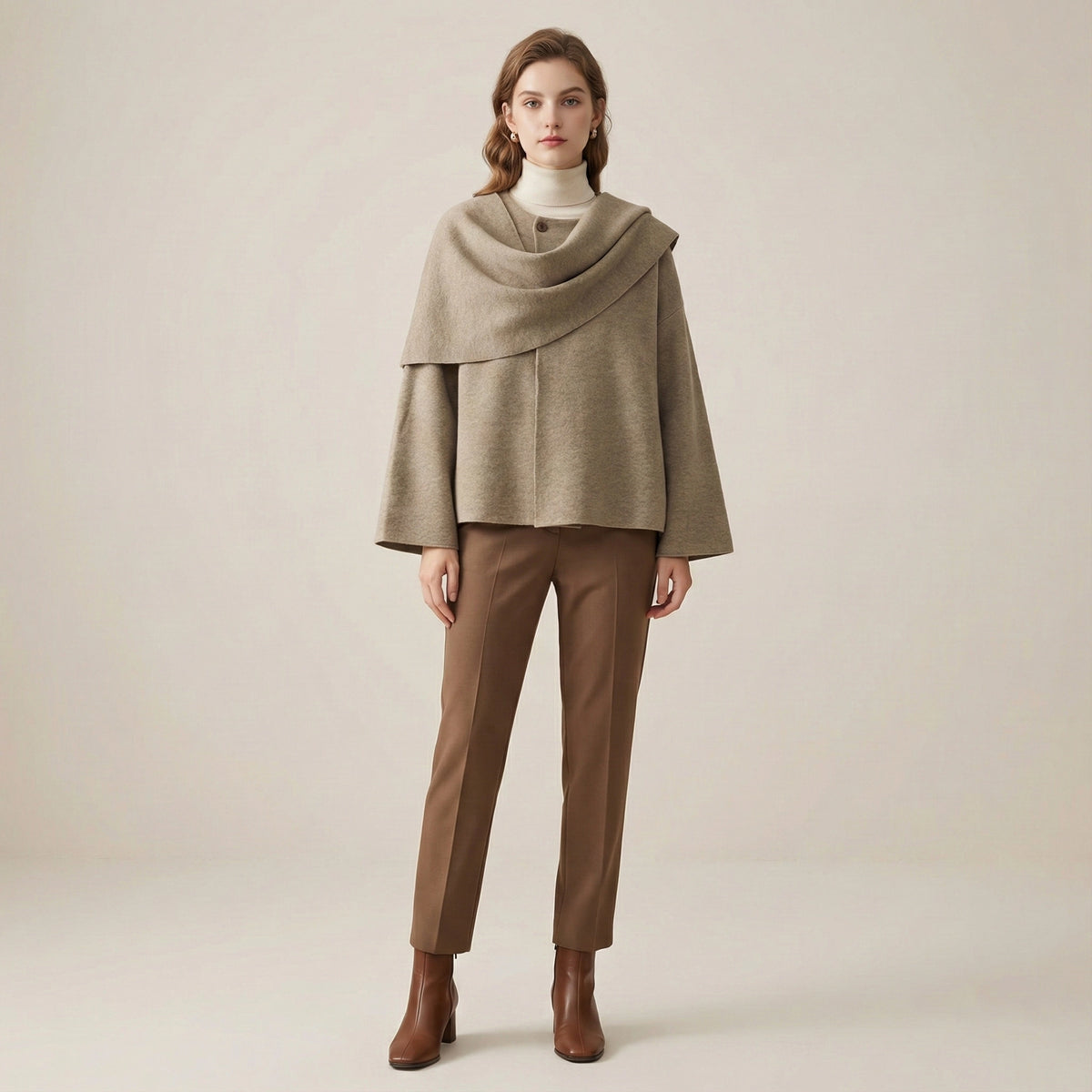 Woman wearing a beige cape over a white turtleneck and brown pants on a beige background