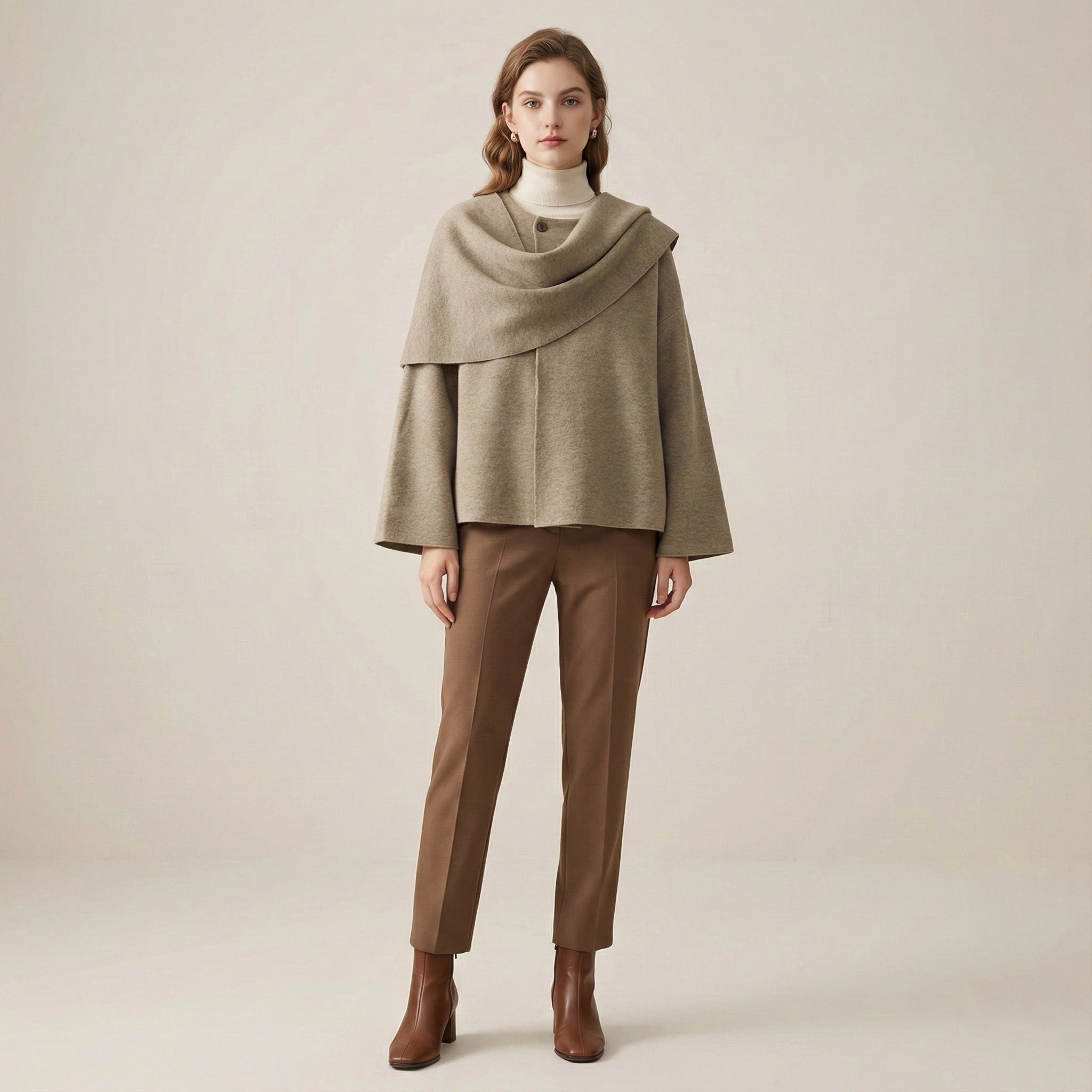 Woman wearing a beige cape over a white turtleneck and brown pants on a beige background