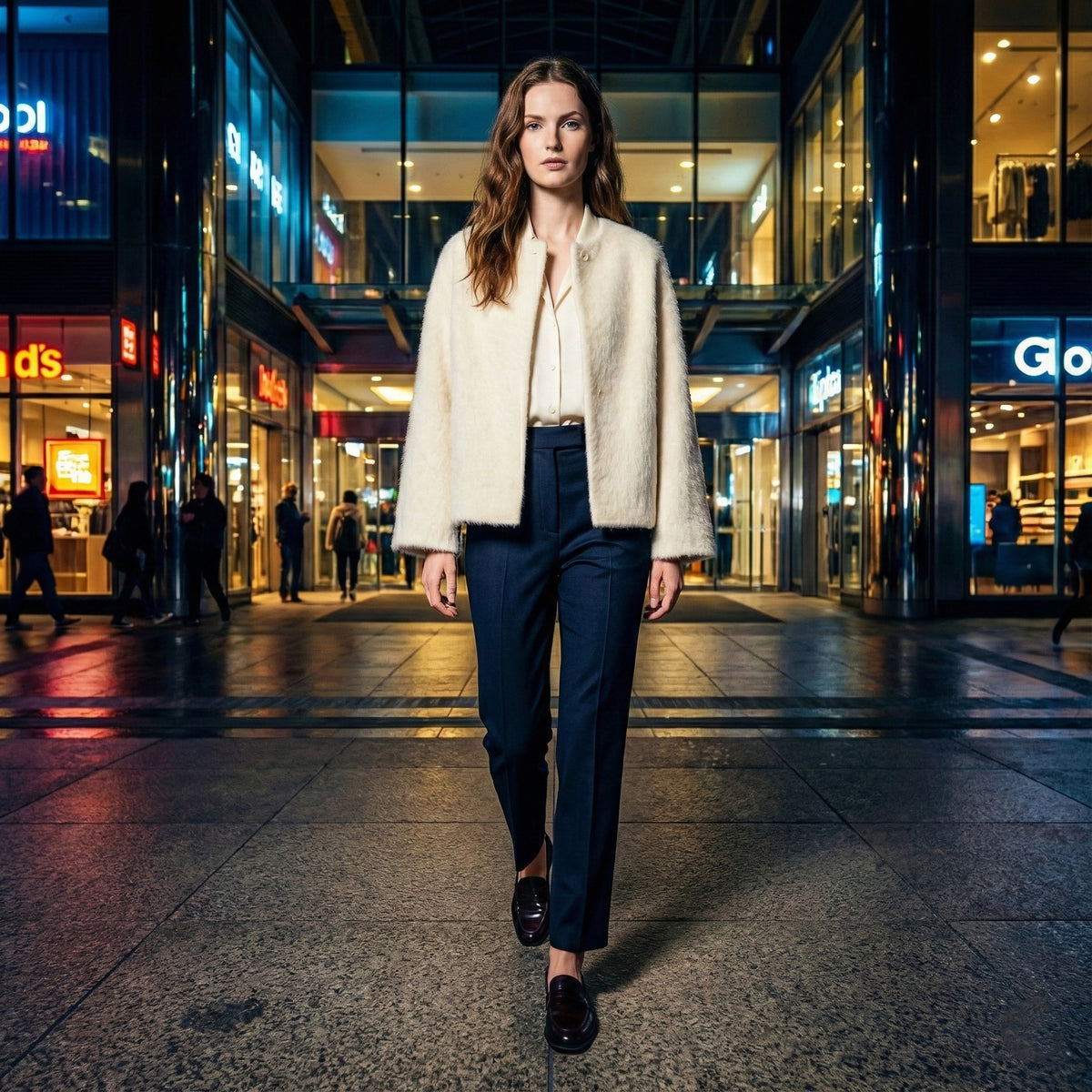Woman walking on a city street at night with illuminated storefronts.