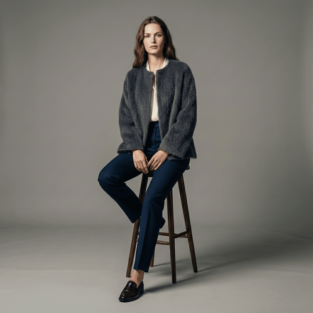 Woman sitting on a stool wearing a gray cardigan and dark jeans against a plain background